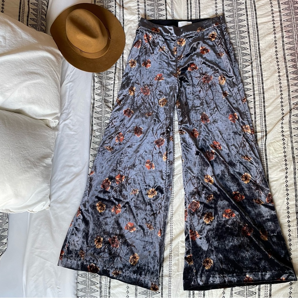 Anthropologie Floral Velvet Wide-Leg Pants